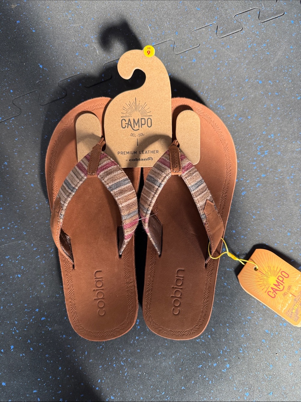 Women's Brown Leather Flip Sandals with Striped Fabric Straps